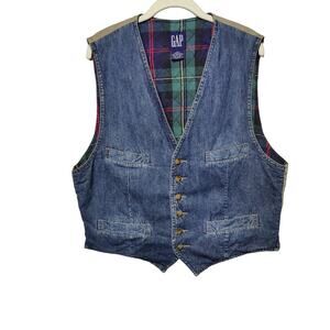 Vintage 90s Gap Sz M Denim Green Plaid Quilted Vest